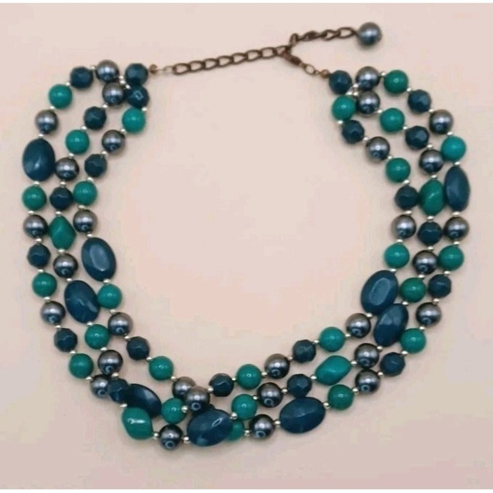 Vintage Necklace Beaded 15" Multi-Strand Green Teal Statement Faceted Acrylic‎